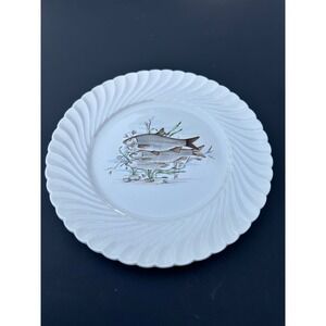 Vintage Plummer Ltd French Porcelain Fish Plate White Swirl Gadroon Rim France